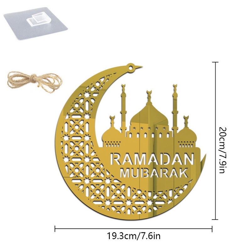لافتة باب ذهبية من الأكريليك مكتوب عليها "رمضان كريم"، لوحة جدارية إسلامية دائرية مجوفة للمسجد بمناسبة رمضان وعيد الفطر، ديكور منزلي إسلامي أنيق لغرفة المعيشة أو غرفة الحفلات، تصميم داخلي للمنزل - Image 3
